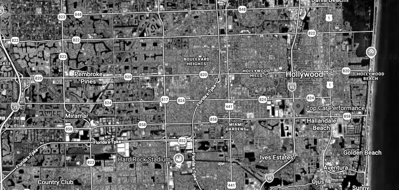 Map of Hallandale Beach, Aventura and Hollywood showing Top Car Performance